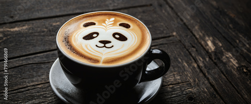 Coffee cup with panda shape latte art on black rustic wooden background