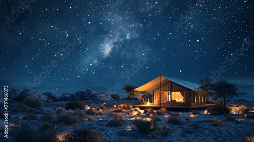 Nestled beneath a dark starry sky a single tent exudes a sense of calm and seclusion inviting guests to disconnect and immerse themselves in the peacefulness of the 2d flat cartoon. © Justlight