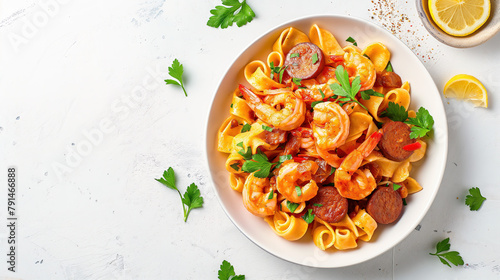  Pappardelle pasta with shrimp and sausage in tomato sauce on white background, top view or flat lay style.  French pasta dish in a bowl,  for a cooking magazine or restaurant menu concept.