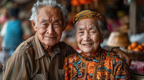Elderly couple smiling after trying an unusual Indonesian dessert.