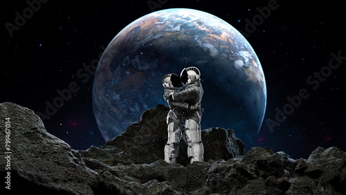 Fototapeta Naklejka Na Ścianę i Meble -  Two astronauts hugging on a rocky terrain against a backdrop of Earth rising in the space sky. 3d render