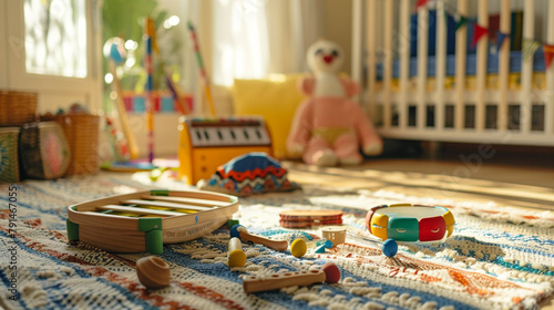 baby toys including a xylophone tambourine and maracas arranged on a blanket in a sunny playroom inviting little ones to explore rhythm and sound.
