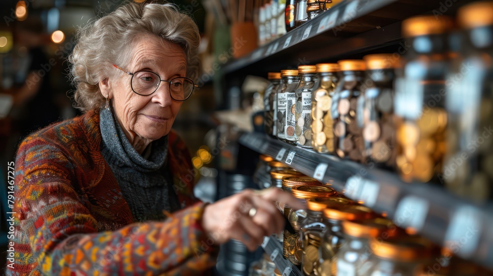 Elderly woman counting coins at a grocery store.