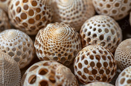 Closeup of small, round sea shells with intricate patterns and textures