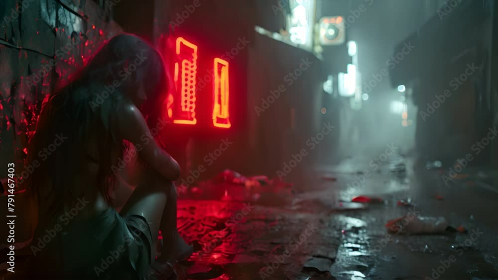 a young despondant woman, sitting against the wall of a dark alley at night in the rain,generative ai a young despondant woman, sitting against the wall of a dark alley at night in the rain,generative ai