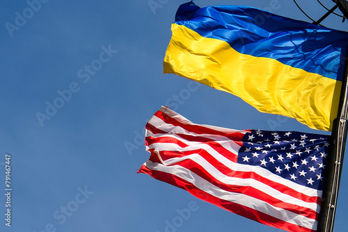 National flags of Ukraine and the United States against a blue sky