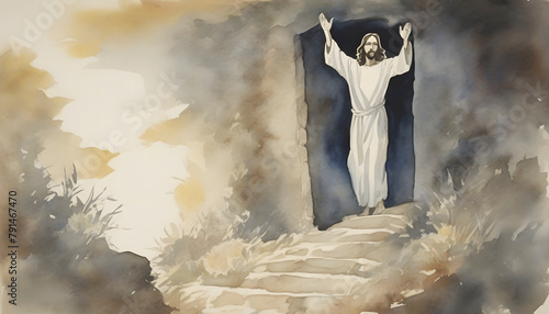 Watercolor painting of Jesus Christ ‘s resurrection.