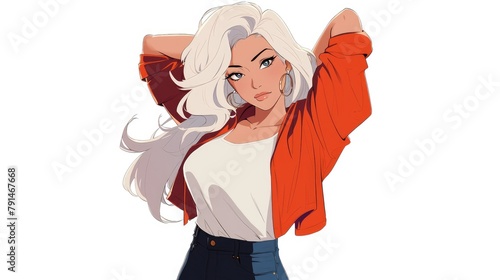 A vibrant full body portrait captures Susan a stylish older woman with beautiful white hair striking a pose with one hand behind her head This cartoon illustration showcases her on the go s photo