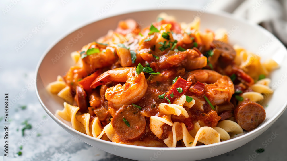 Pasta with sausage and shrimp in tomato sauce in a white bowl, stock photo, food magazine or restaurant menu Pasta with sausage and shrimp in tomato sauce in a white bowl, stock photo, food magazine or restaurant menu