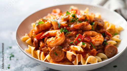 Pasta with sausage and shrimp in tomato sauce in a white bowl, stock photo, food magazine or restaurant menu