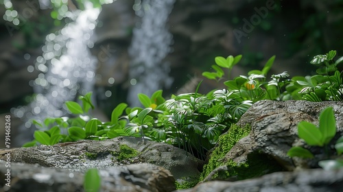 A small plant is growing on a rock near a waterfall. Concept of tranquility and natural beauty, as the plant thrives in the midst of the rocky terrain and the sound of the waterfall in the background