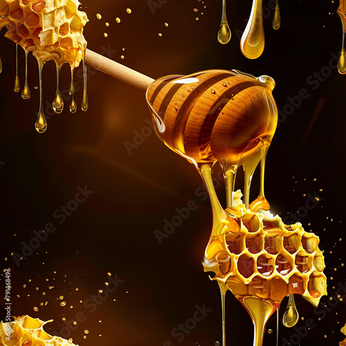 Honey dripping from dipper over honeycomb on dark background