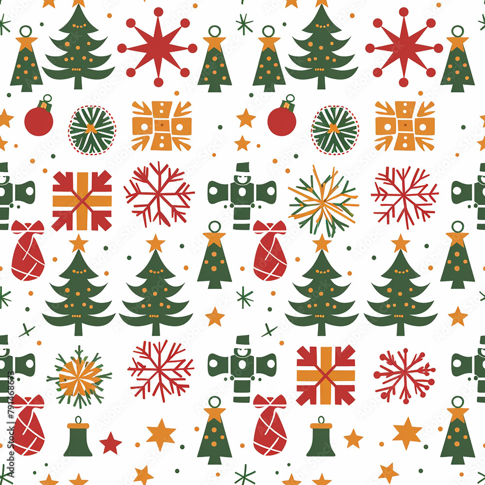 Christmas seamless pattern with trees, snowflakes, and gifts