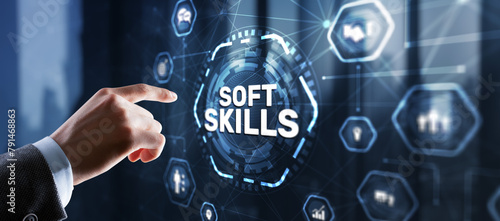 Businessman presses a button Soft Skill Business Development concept