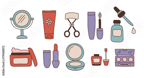 Hand-drawn cosmetics illustration set, beauty products, makeup essentials, skincare icons, creative design elements for beauty blogs and salons