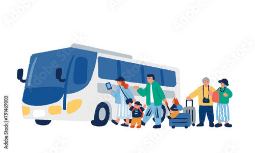 観光バスと旅行客の手描きイラスト
