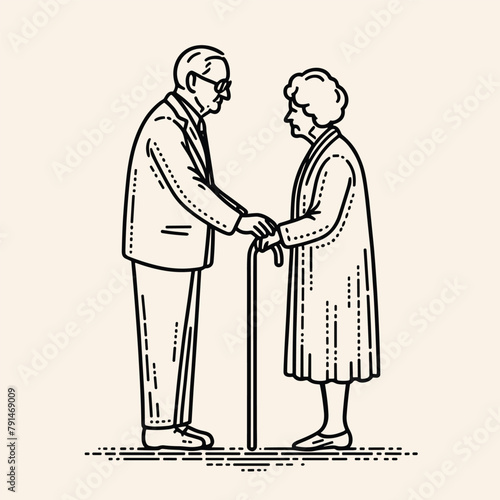 Elderly Men and Women Standing and Holding Hands Vintage Engraved Style