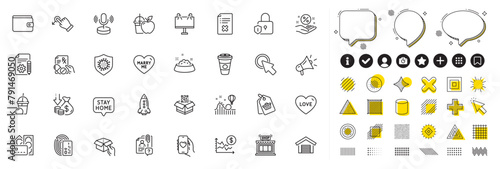 Set of Coronavirus, Dog feeding and Stay home line icons for web app. Design elements, Social media icons. Shop, Money, Search employee icons. Loan percent, Microphone, Reject file signs. Vector