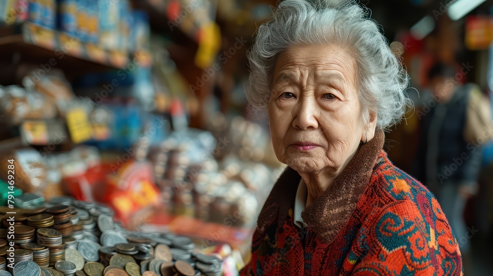 Elderly woman counting coins at a grocery store. Elderly woman counting coins at a grocery store.