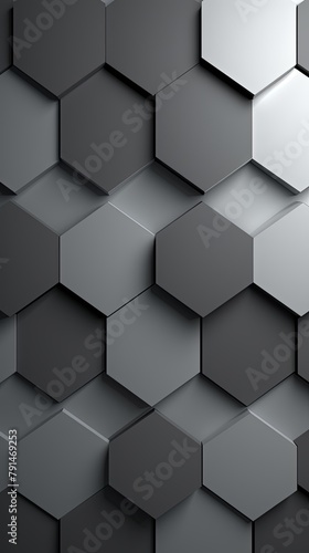 Gray background with hexagon pattern, 3D rendering illustration. Abstract gray wallpaper design for banner, poster or cover with copy space for photo text or product, blank empty copyspace. 