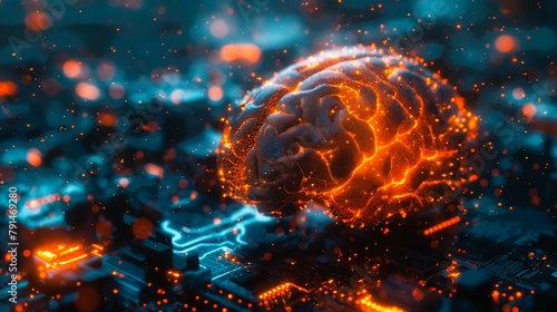 A brain is shown in a computer monitor with a lot of glowing lights. The brain is surrounded by a lot of wires and circuits, giving the impression of a futuristic concept. generative ai illustration.