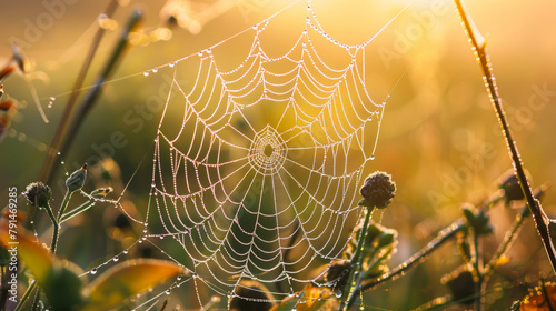 A spider web is seen in the grass with dew on it