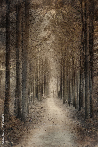 A narrow forest path disappearing into the distance  flanked by tall trees with minimal foliage. The muted color palette and soft natural light filtering through the canopy