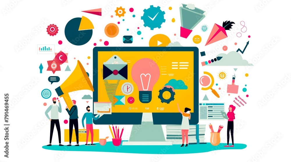 Cartoon illustration a colorful image of people and objects, including a man holding a megaphone. Concept of creativity and innovation, digital marketing with agency team. generative ai illustration. Cartoon illustration a colorful image of people and objects, including a man holding a megaphone. Concept of creativity and innovation, digital marketing with agency team. generative ai illustration.