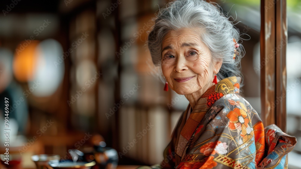 Fototapeta premium Elderly traveler being instructed on eating etiquette in a traditional Japanese inn.