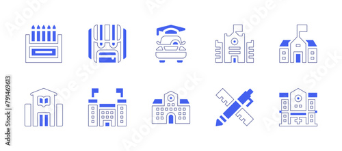 School icon set. Duotone style line stroke and bold. Vector illustration. Containing school, creativity, school bag, driving school, crayons.