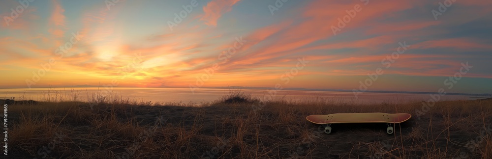 A lone skateboard rests on a grassy hilltop against a breathtaking sunset, symbolizing solitude and serenity A lone skateboard rests on a grassy hilltop against a breathtaking sunset, symbolizing solitude and serenity