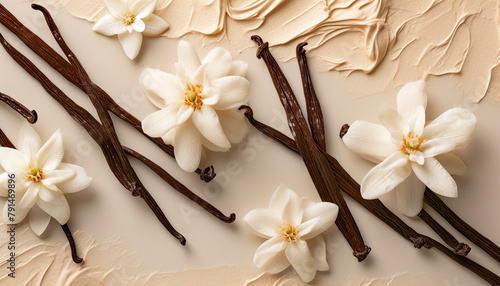 Vanilla leaf branch and flowers on ice-cream. Horizontal background for design, banner. Front view. Sunlight.  photo