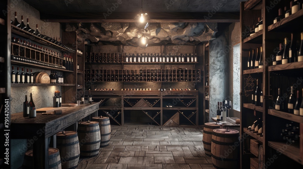 A cozy and intimate wine cellar with rustic wooden shelves and soft lighting, 
