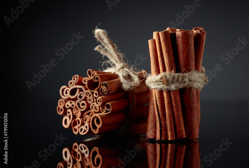 Cinnamon sticks, tied with jute rope.