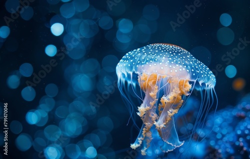 A jellyfish glowing in the dark blue ocean