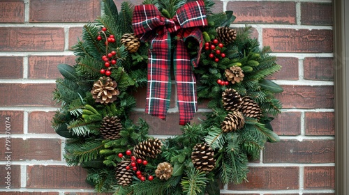 Wreath on Brick Wall with Pine Cones and Berries © 2rogan