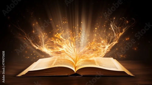 An open book with magical golden lights and sparkles on a dark background symbolizing fantasy and knowledge