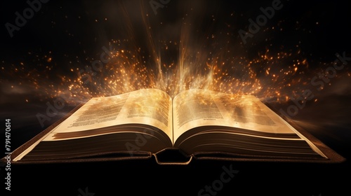 A Magical Open Book Radiating a Mysterious Golden Glow with Sparkles on a Dark Background