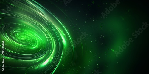 Green abstract background with spiral. Background of futuristic swirls in the style of holographic. Shiny, glossy 3D rendering. Hologram with copy space for photo text or product, blank empty copyspac