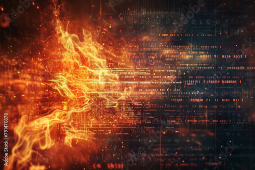 An abstract composition resembling a burning firewall, with flames composed of lines of code and digital debris. 