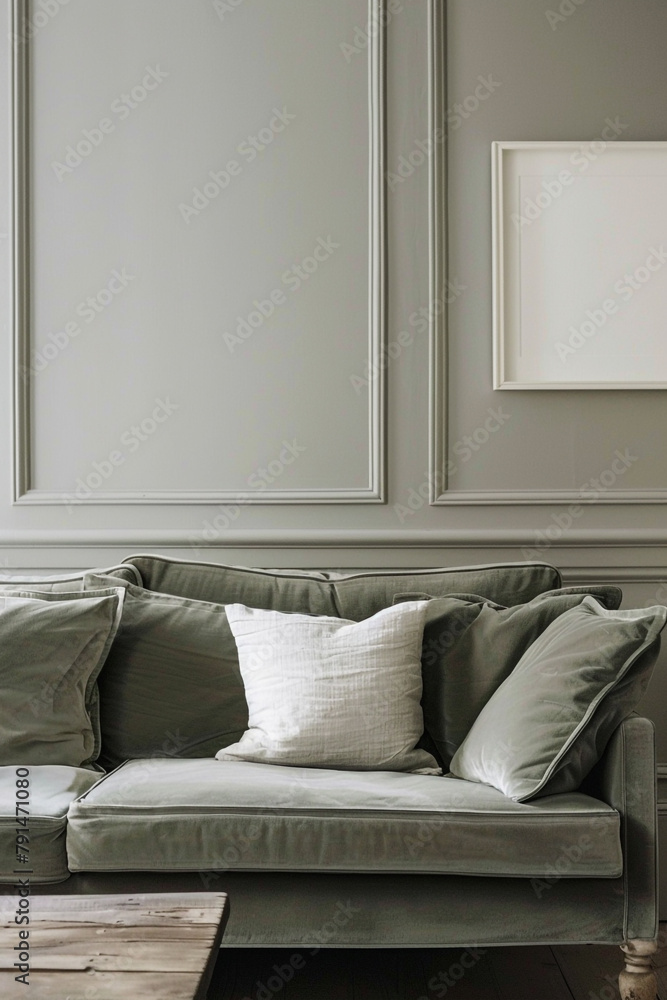 Tranquility pervades the space with a sage green sofa set against a backdrop of soft gray walls, enhanced by a pristine white empty frame hanging on the wall.