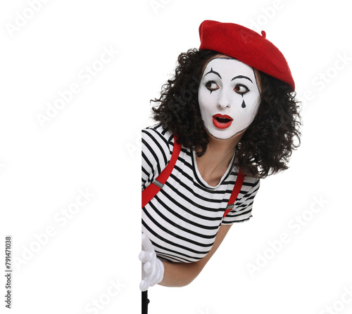 Vászonkép Funny mime with blank poster posing on white background