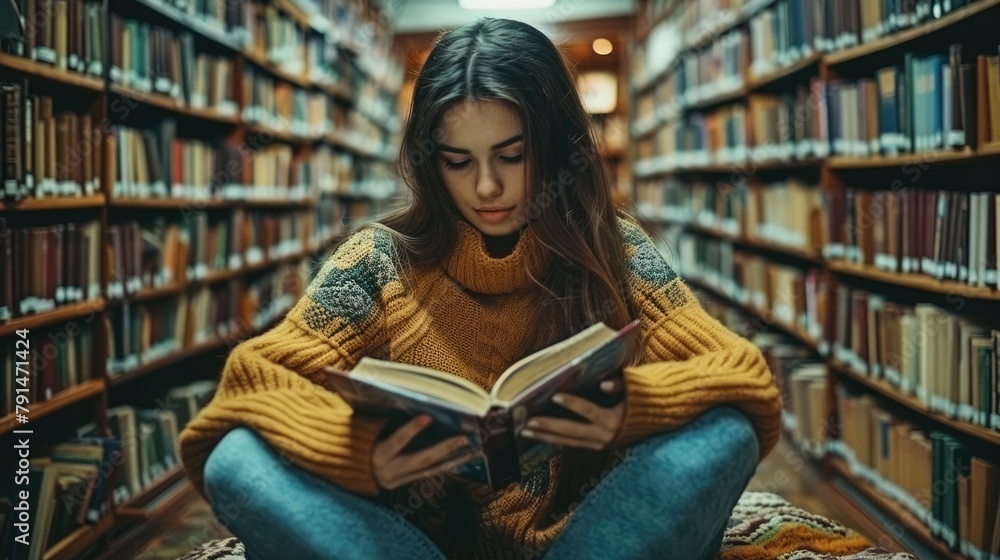 A young woman is deeply engrossed in reading a book, surrounded by shelves of literature in a cozy library setting. A young woman is deeply engrossed in reading a book, surrounded by shelves of literature in a cozy library setting.