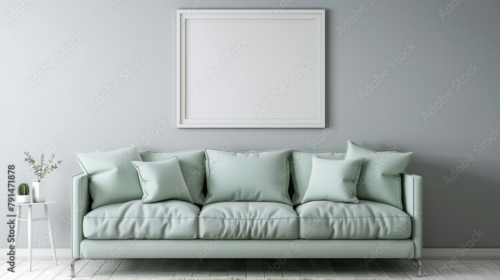 Naklejka premium Tranquility pervades the space with a mint green sofa set against a backdrop of soft gray walls, enhanced by a pristine white empty frame hanging on the wall.