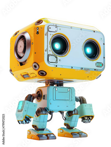 A robot with blue and yellow parts stands on a white background