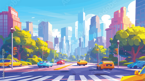 Crossroad and cityscape at big modern city cartoon