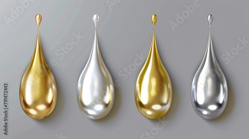 The modern set comprises liquid gold or silver drops, 3D abstract mercury and golden metal drips, paint, cosmetic oil, collagen capsules of varying shapes and metallic textures isolated on a grey photo