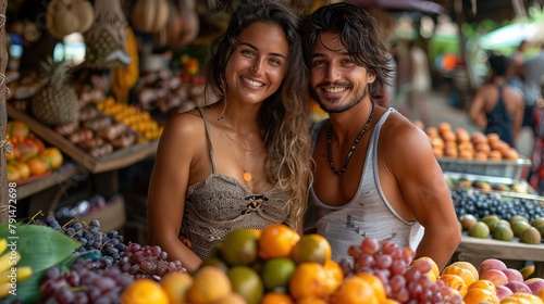 Fototapeta Naklejka Na Ścianę i Meble -  Couple's amused tasting of exotic Balinese fruits for the first time.