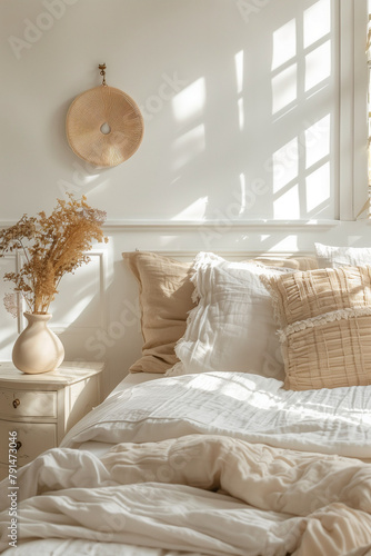 **a bed made up with white duvets and pillows, in the style of muted tonality, rounded forms, back button focus, light brown, fujifilm pro 400h, muted hues, cottagecore photo