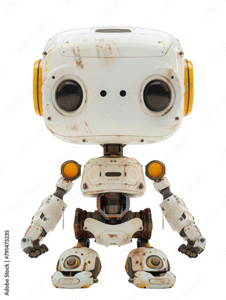 A robot with yellow and orange parts stands on a white background A robot with yellow and orange parts stands on a white background